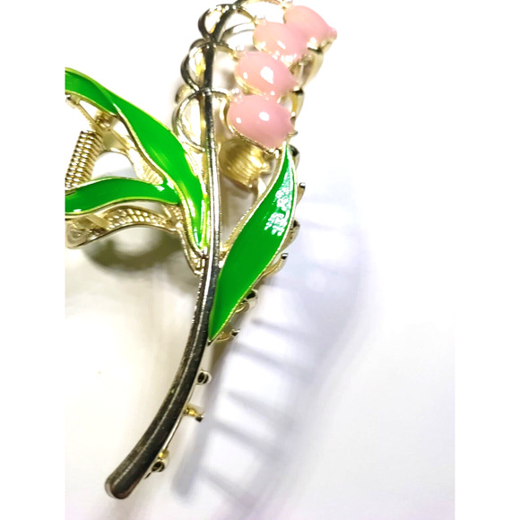 Hair Clip Barrette Snow Drop Flower Messy Hair Bun Pink Green Gold Tone Wedding - Picture 5 of 9